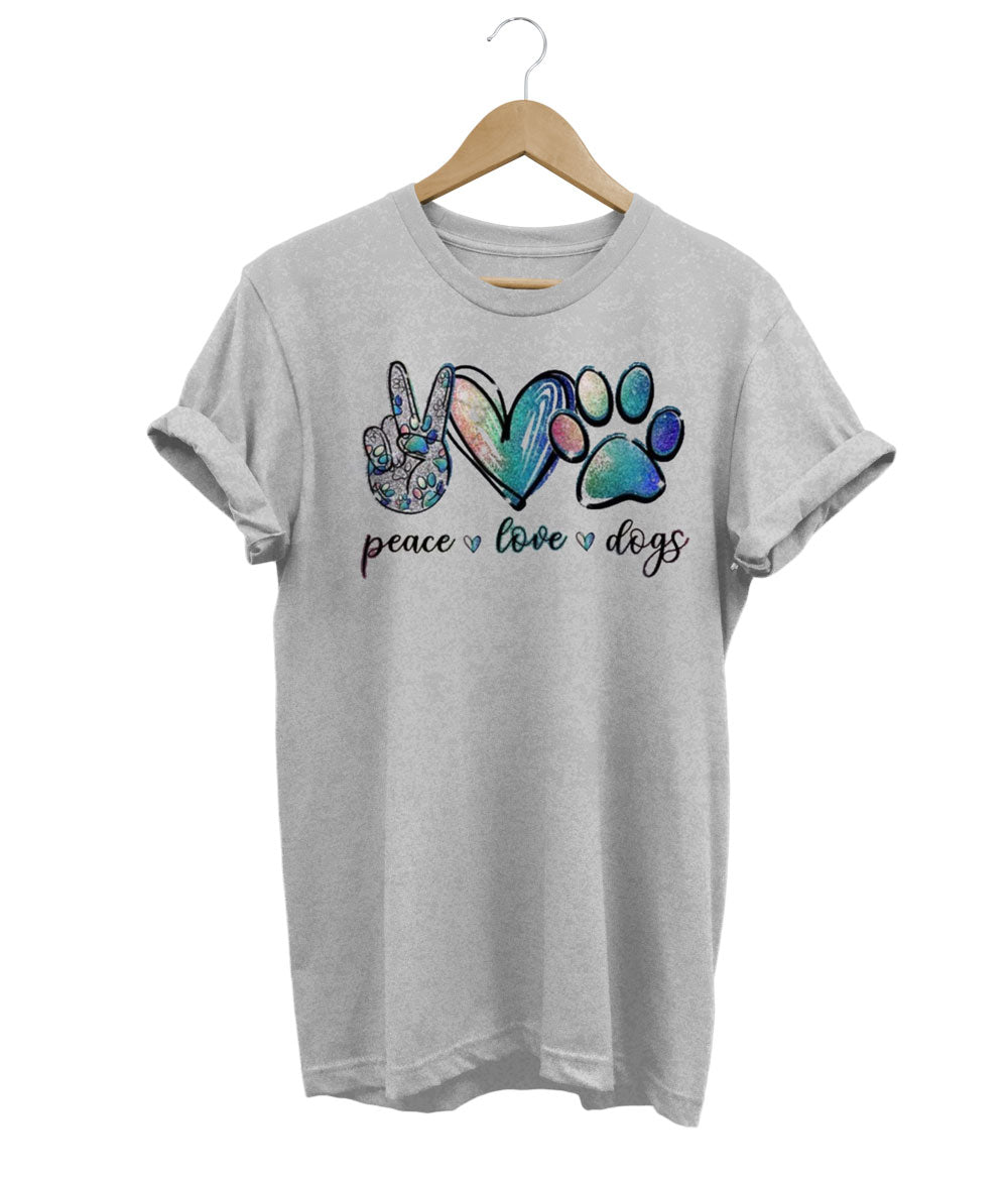 T-Shirt mit Frieden, Liebe und Hunden