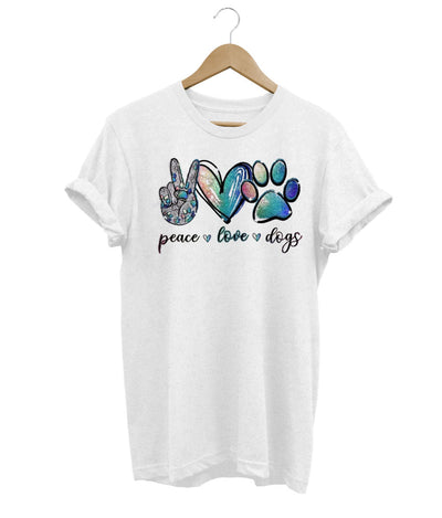 T-Shirt mit Frieden, Liebe und Hunden